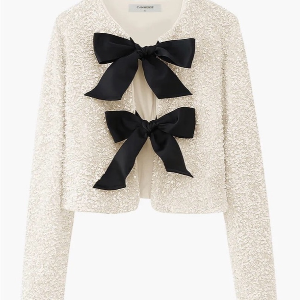 NWOT Commense Elegant Cream Textured Jacket with Black Bows